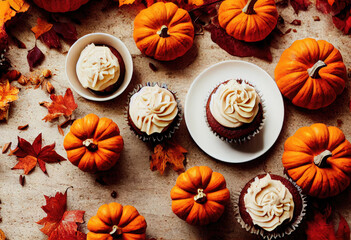 Pumpkin Cupcakes on a wooden table created with Generative AI technology