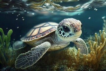 Obraz premium Realistic cute sea little turtle swimming in the underwater world. Generative AI
