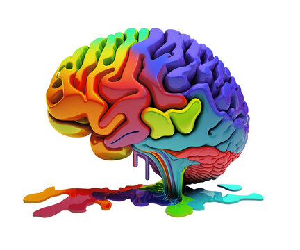 A bright colorful 3d human brain with liquid paint is isolated on transparent background. Generative AI. PNG