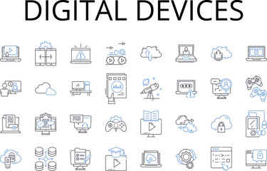 Fototapeta na wymiar Digital devices line icons collection. Electronic gadgets, Advanced technology, Cyber appliances, Virtual devices, Modern equipment, Hi-tech tools, Futuristic units vector and linear Generative AI