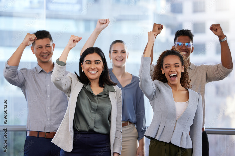 Poster We outperformed, it paid off. Portrait of a group of young businesspeople cheering in a modern office.