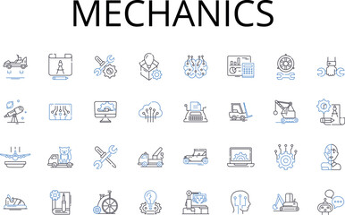 Mechanics line icons collection. Physics, Dynamics, Kinetics, Motion, Movement, Force, Energy vector and linear illustration. Work,Newton's laws,Gravitation outline signs set Generative AI
