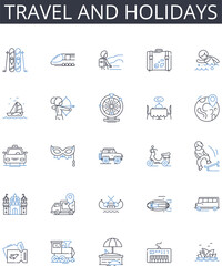 Travel and holidays line icons collection. Journey, Expedition, Tour, Excursion, Voyage, Trek, Adventure vector and linear illustration. Pilgrimage,Road trip,Vacation outline signs set Generative AI