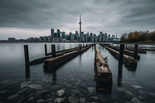 Time-lapse of Toronto's skyline, captured from Polson Pier across the bay. Generative AI