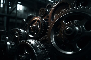 Obraz na płótnie Canvas Black gears and cogs working under spotlight, industrial machinery. 3d rendered image in PNG format. Generative AI