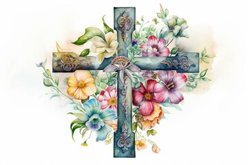 Watercolor illustration of a cross with flowers and greenery. Generative AI
