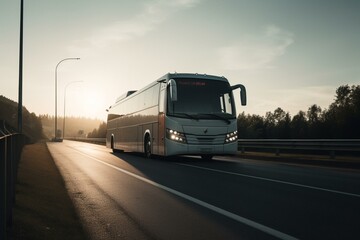 Obraz na płótnie Canvas A white coach travels on a freeway. Generative AI