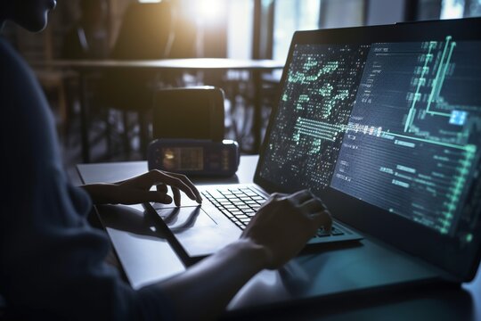 The image depicts the digital technology and software development concept, with a coding programmer or software engineer engrossed in their work on a laptop. The virtual screen displays code