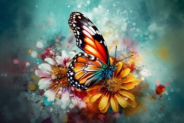 Fototapeta na wymiar Bright, multicolored butterfly and flower painting on abstract background. Generative AI