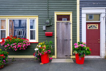 The exterior of a green wooden clapboard wall with a single wooden storm door. There are two red flower pots with colorful spring flowers on both sides. A red metal mailbox is affixed to the wall.