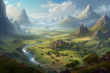 Fantasy painting of fields, valleys, mountains, and rivers showcasing the magical beauty of nature, perfect for children's book illustrations. Generative AI