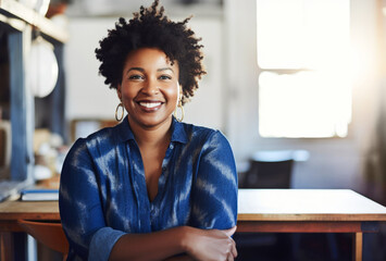 Portrait of curvy Black small business woman owner at work in her art studio. Generative AI.