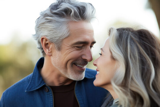Mature couple getting ready to kiss outdoors in nature. Generative AI.