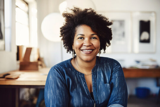 Portrait Of Mature Curvy Black Small Business Woman Owner At Work In Her Art Studio. Generative AI.