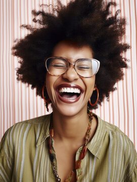 Portrait of stylish joyful black woman laughing wearing glasses. Generative AI.