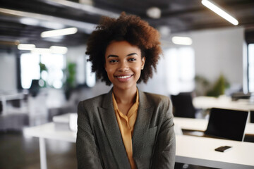 Portrait of happy black business woman at work in modern office. 
