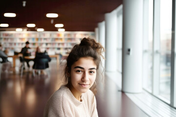 Portrait of Hispanic College student in college library. Generative AI.