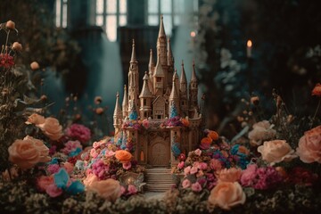 A fairy tale-inspired birthday cake with castle, flowers, fairies, and unicorns set against a breathtaking backdrop. Generative AI