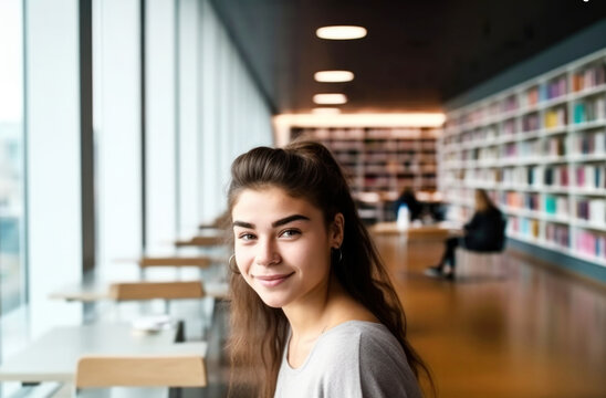 Portrait of Hispanic College student in college library. Generative AI.