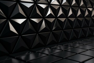 3D render background with polished black triangular tiles. Generative AI