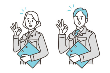 Male and female workers in work clothes gesturing OK [Vector illustration]