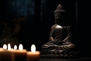 Fototapeta premium Buddha statue with candles in a dark background, generative AI