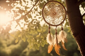 Dream catcher with feathers hanging on a tree during the daylight in nature, generative AI