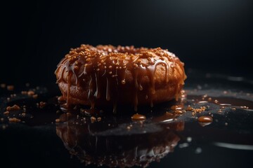Sugary donut glazed on a dark backdrop. Generative AI
