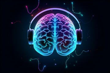 Glowing neon human brain with headphones in a dark background, generative AI