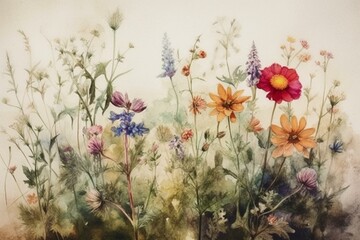 Fototapeta na wymiar A greeting card featuring a vintage watercolor painting of wildflowers. Generative AI