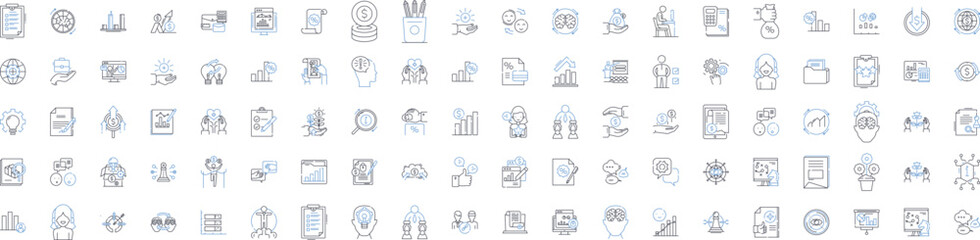 Analysis and evaluation line icons collection. Examination, Appraisal, Assessment, Critique, Scrutiny, Interpretation, Judgement vector and linear illustration. Generative AI
