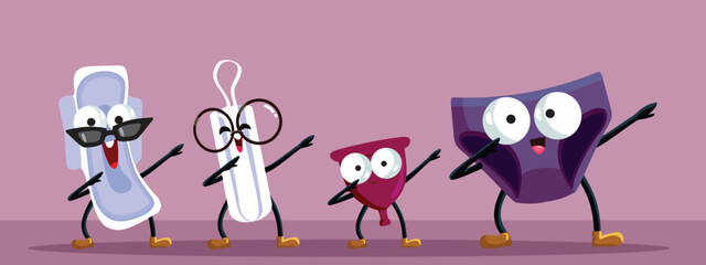 Period Hygiene Products Dancing and Dabbing Vector Cartoon Style Illustration. Pad, tampon, menstrual cup and panties celebrating carefree 
