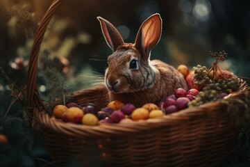 Fototapeta na wymiar A charming, brown Easter bunny carrying an abundant basket of colorful eggs. Generative AI