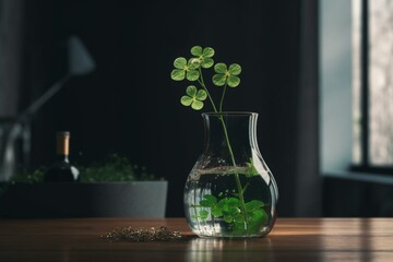 A small vase of water holds lucky 4-leaf clovers for St. Patrick's Day celebration. Generative AI