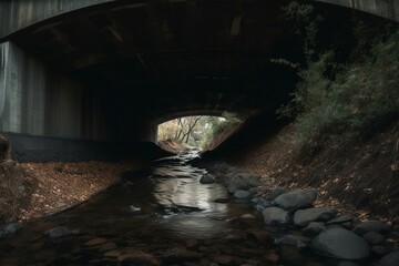 A stream flowing beneath a bridge. Generative AI