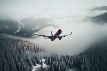 Fototapeta na wymiar A crimson plane flies above snowy hills masked by mist. Generative AI