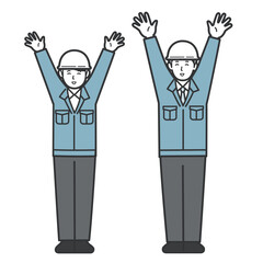 両手を上げて喜ぶ作業員のイラスト