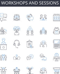 workshops and sessions line icons collection. Seminars and lectures, Talks and speeches, Classes and tutorials, Conferences and symposiums, Meetings and gatherings, Programmes and Generative AI