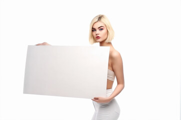 Naklejka premium Blonde woman holding a blank board