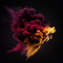 Gold and maroon smoke bomb on black background. Generative AI.