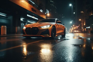 Plakat luxury car speeding through city streets at night. Generative AI