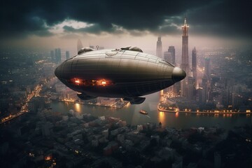 Fototapeta na wymiar Fantastical airship floats above futuristic floating city. Generative AI