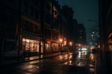 Fototapeta na wymiar A dark city street with illuminated buildings and a pedestrian walking. Generative AI