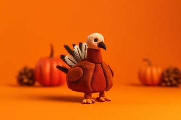 Crafted felt turkey on orange background with copy space. Generative AI