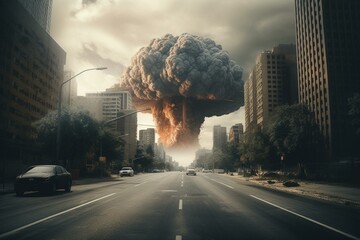 Artwork of road, city and skyscrapers with nuclear explosion's mushroom cloud. Generative AI