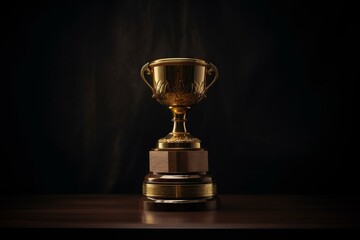 Isolated gold trophy with wooden base. Symbolizes leadership, victory, success in competition, games, tournament or business goals. copy space. Generative AI