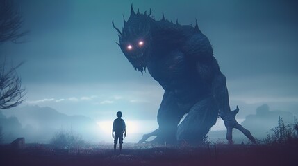 Obraz na płótnie Canvas man encounters monster in mysterious land, digital art illustration, Generative AI