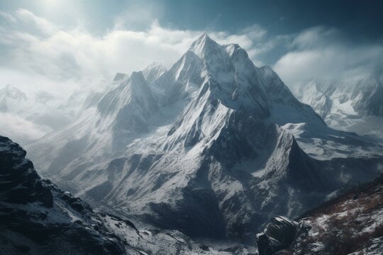 A stunning illustration of snow-capped mountains generated by AI with a hyper-realistic feel. Generative AI