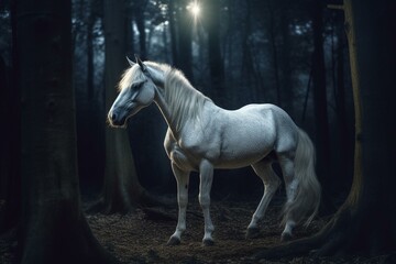 Obraz na płótnie Canvas An illustration of a white unicorn in a forest at night. Generative AI