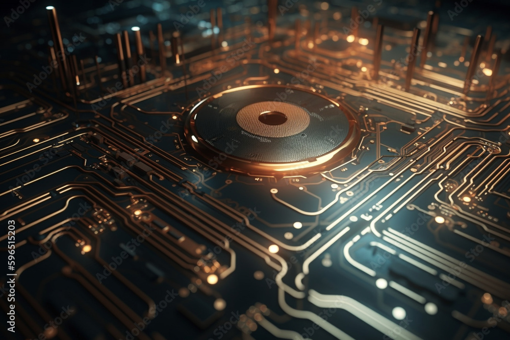 Aufkleber futuristic circuit board texture with glowing lines and circles , generative ai
